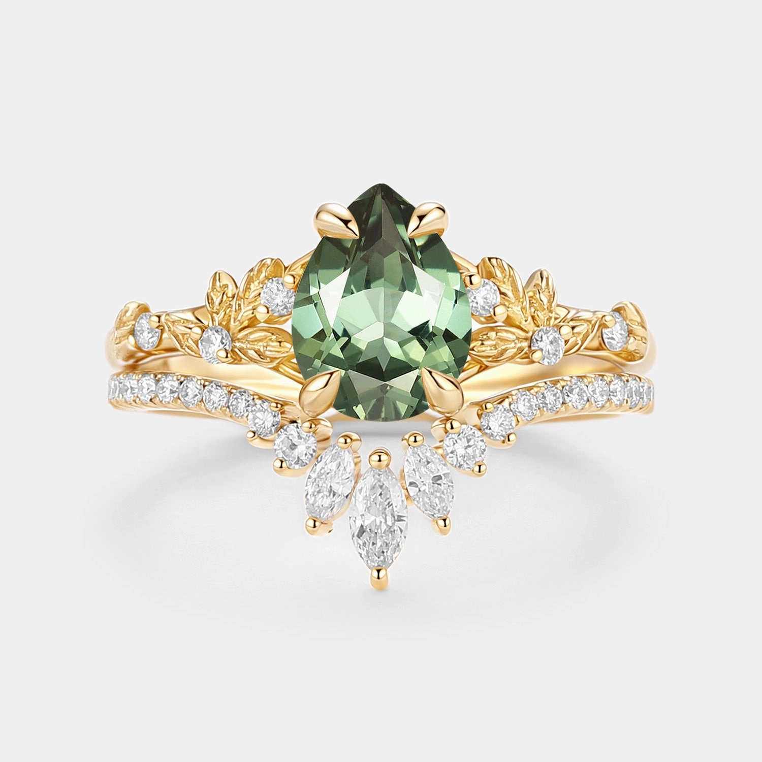 Pear Cut Leafy Lab Green Sapphire Engagement Ring Set 2pcs - Kestrel Night Out