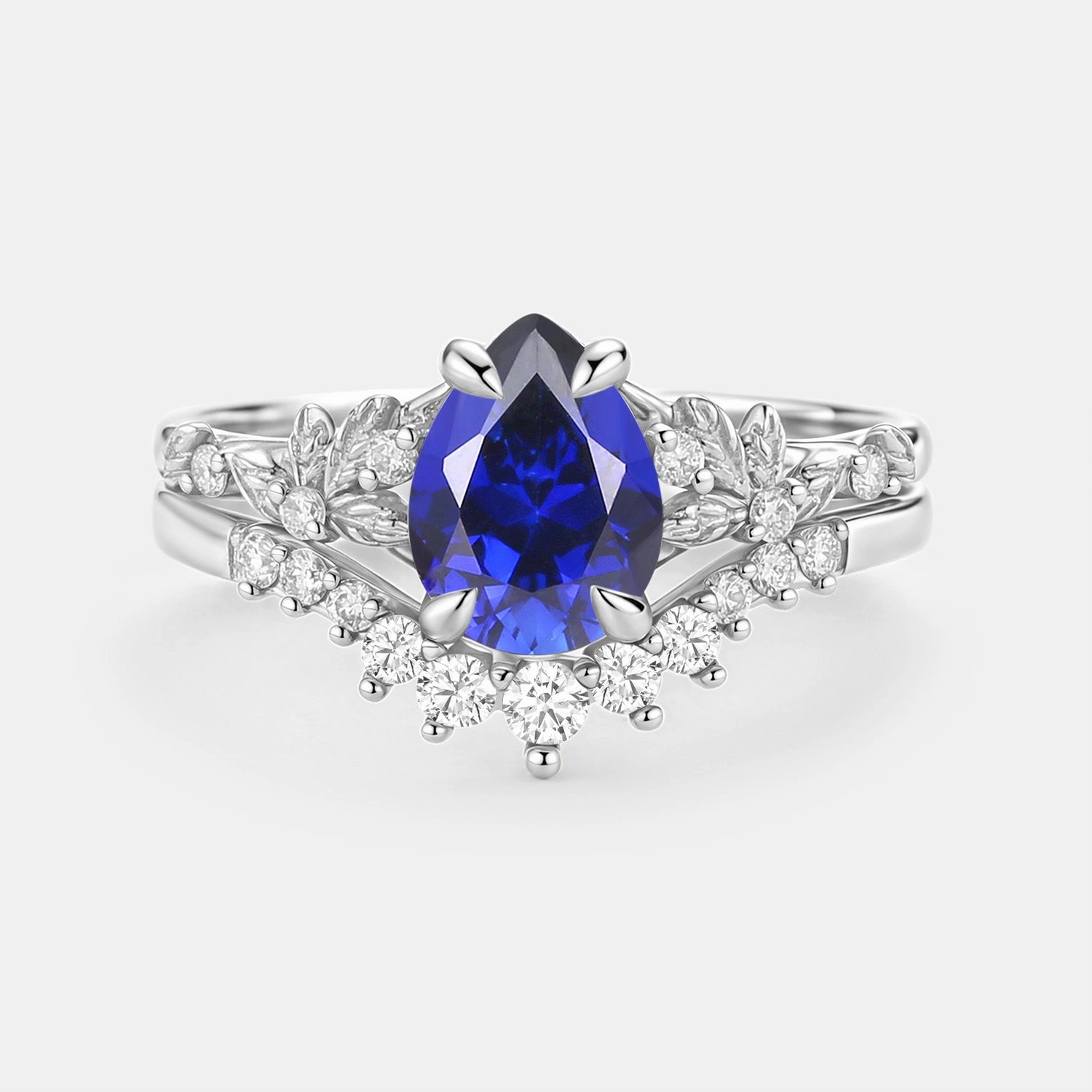Pear Cut Leafy Lab Sapphire Engagement Ring Set 2pcs - Vespera Holiday Party