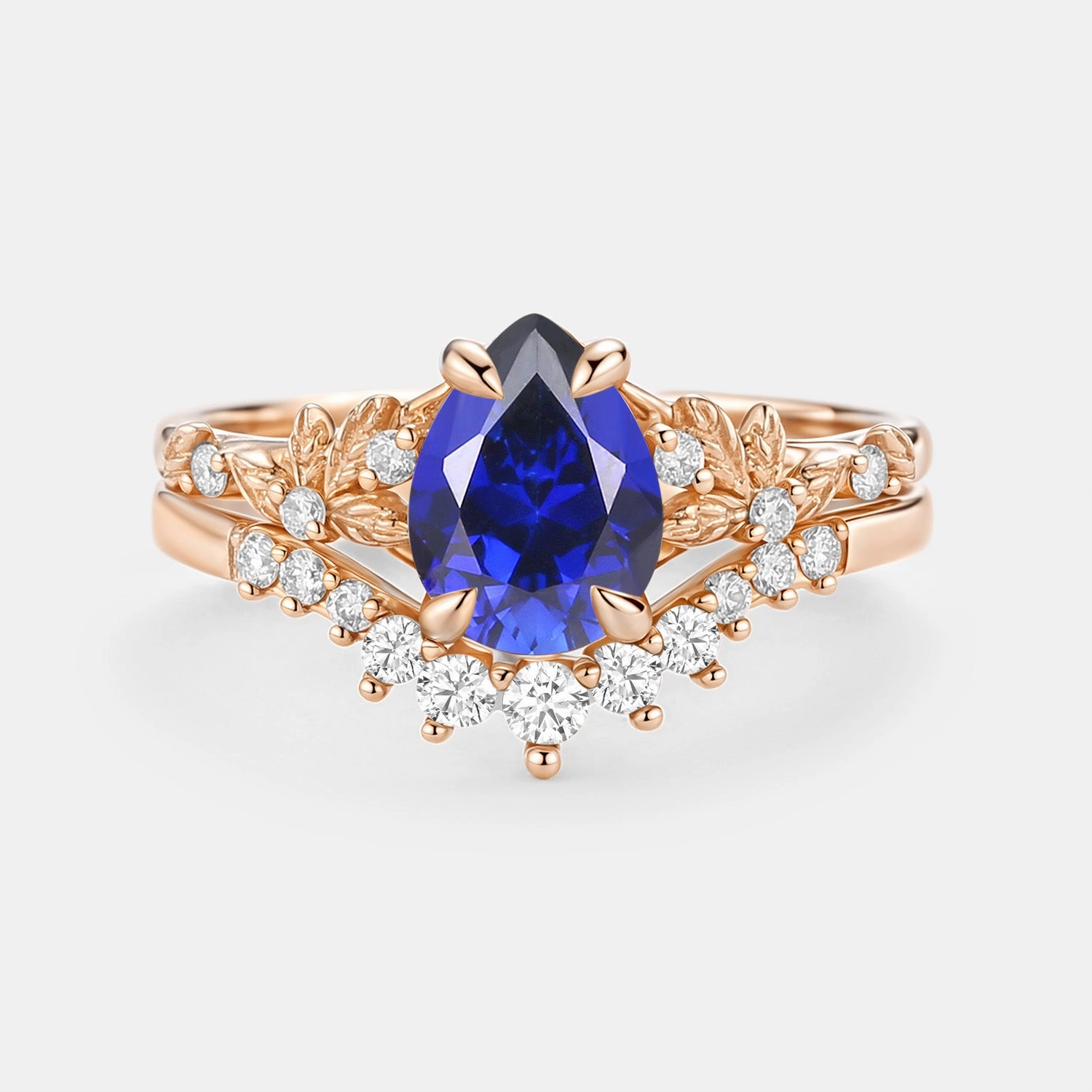 Pear Cut Leafy Lab Sapphire Engagement Ring Set 2pcs - Vespera Timeless Beauty Shiny Treasures