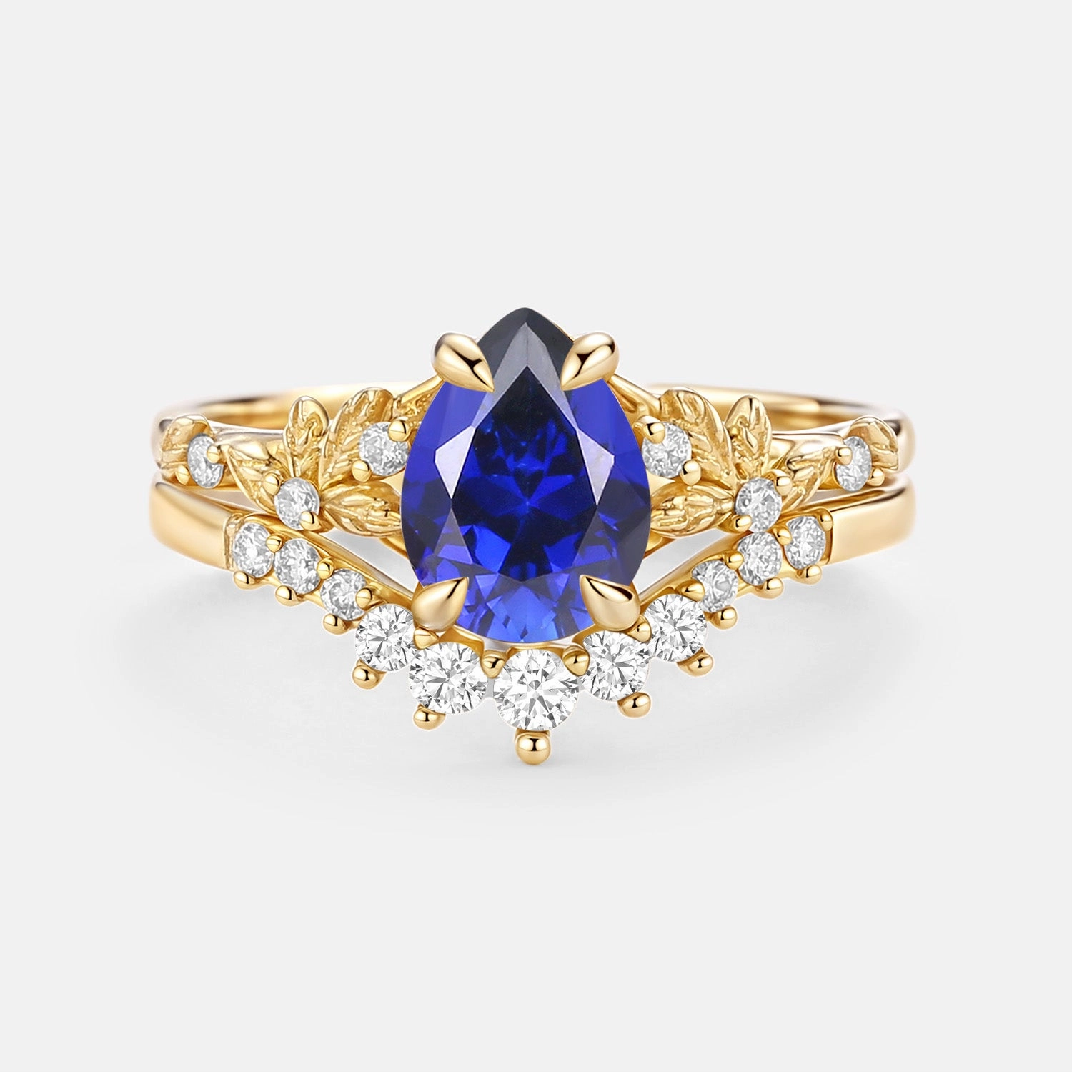 Pear Cut Leafy Lab Sapphire Engagement Ring Set 2pcs - Vespera Statement Piece