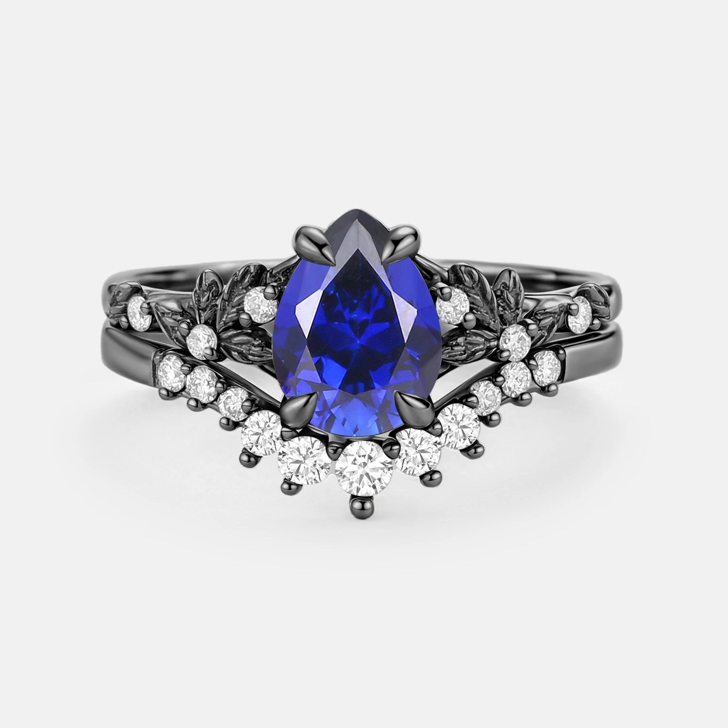 Pear Cut Leafy Lab Sapphire Engagement Ring Set 2pcs - Vespera Shiny Edge