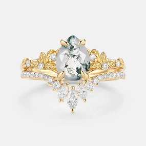 Pear Cut Leafy Moss Agate Engagement Ring Set 2pcs - Kestrel Glam Focus Elegant Silhouette