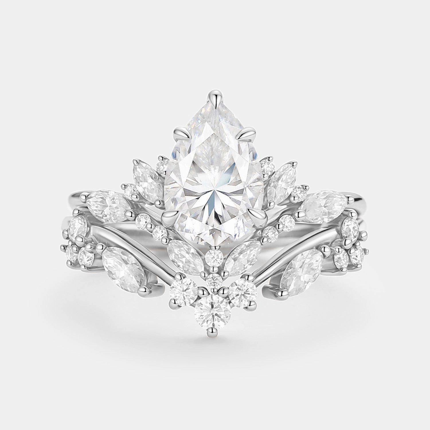 Captivating Accent Trendy Spark Pear Cut Moissanite Cluster Engagement Ring Set 2pcs - Nectar