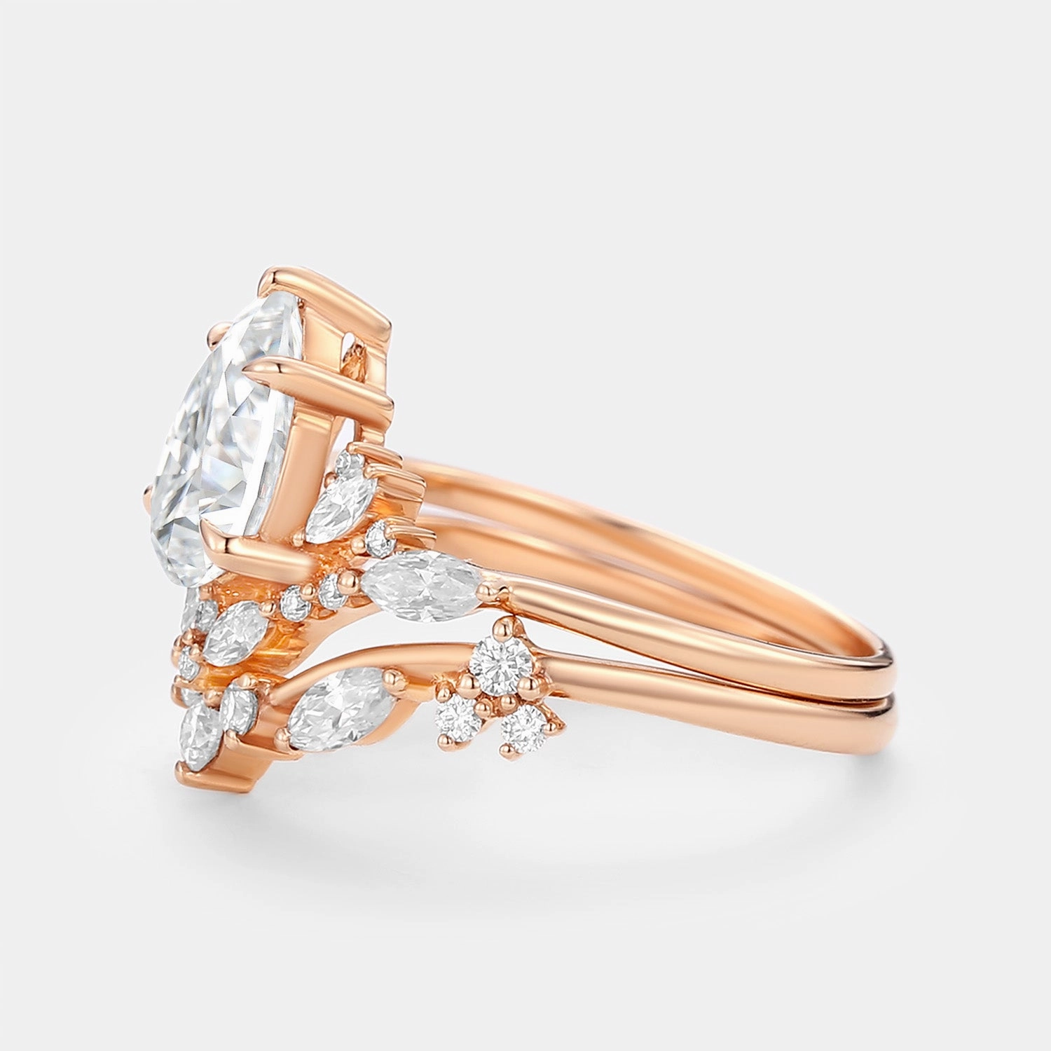 Pear Cut Moissanite Cluster Engagement Ring Set 2pcs - Nectar Graceful Feature Dramatic Touch