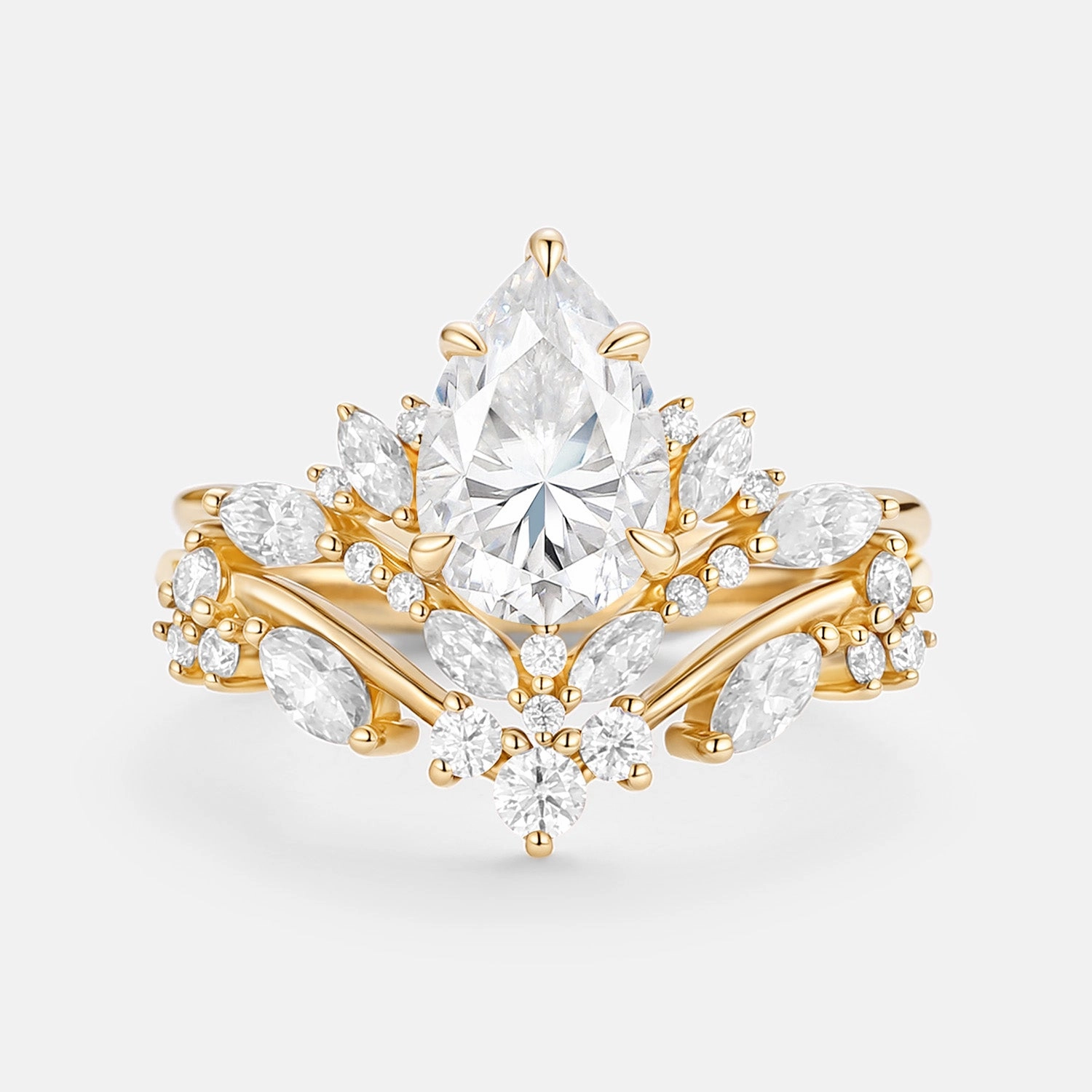 Pear Cut Moissanite Cluster Engagement Ring Set 2pcs - Nectar Exclusive Charm Handcrafted Beauty