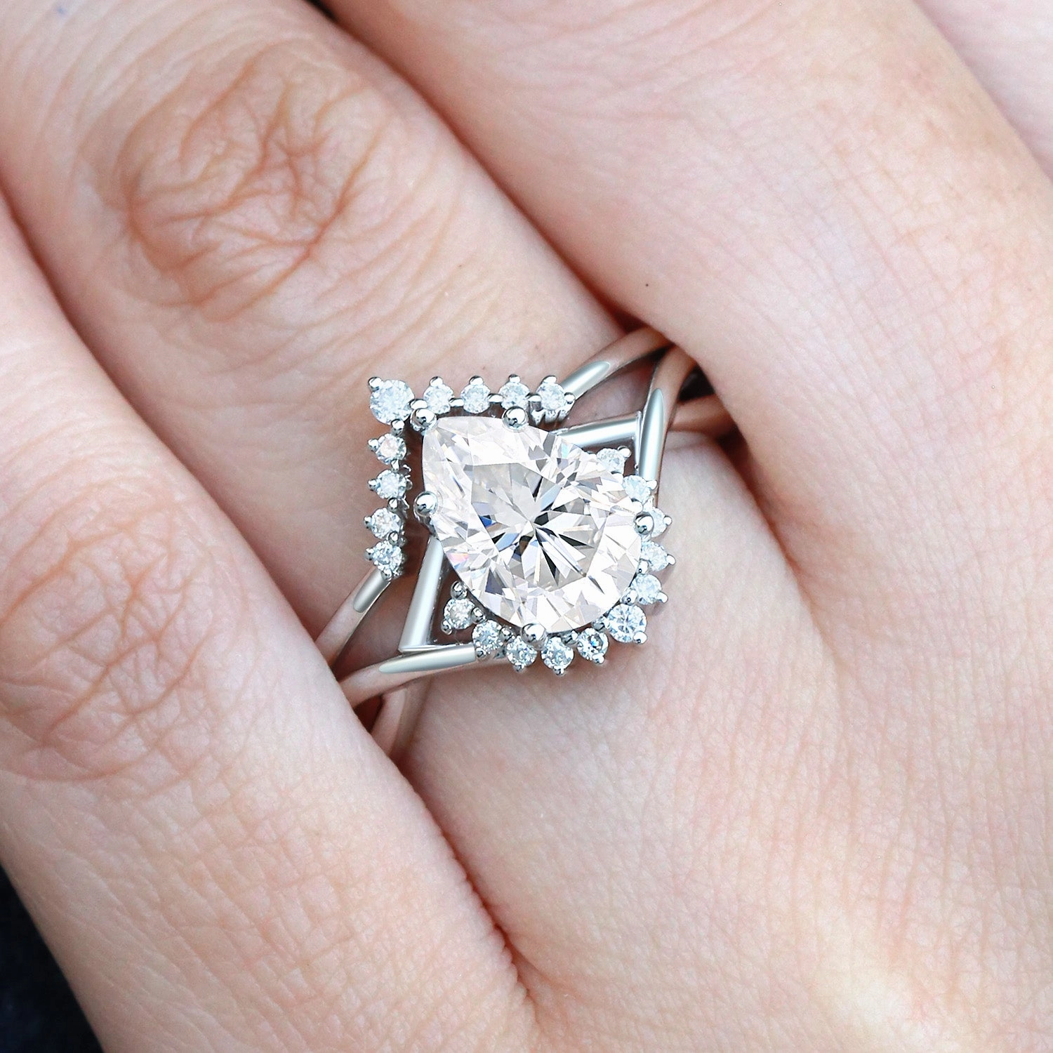 Muted Glow Exclusive Craft Pear Cut Moissanite Infinity Engagement Ring Set 2pcs