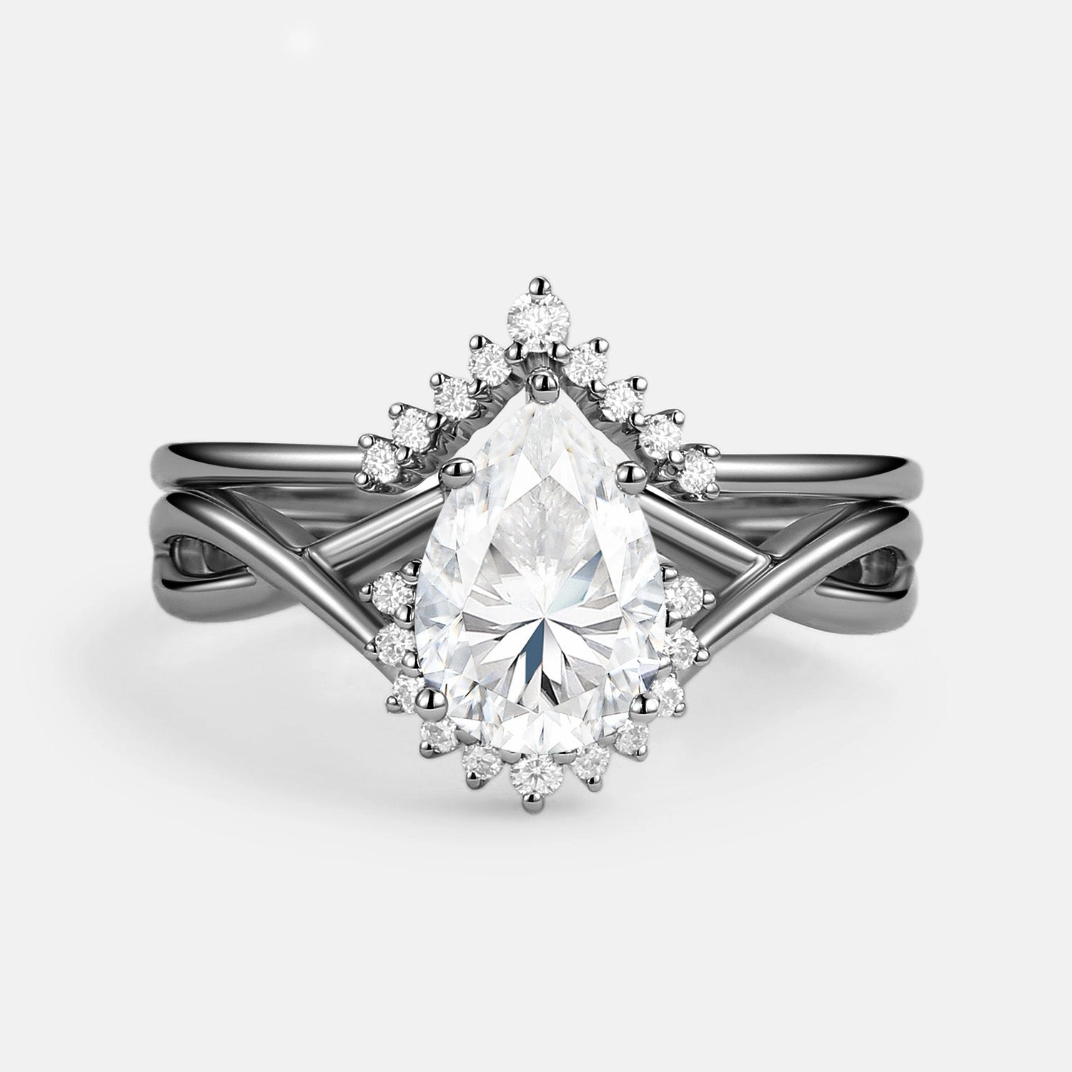 Pear Cut Moissanite Infinity Engagement Ring Set 2pcs Sleek Shape Modern Minimal