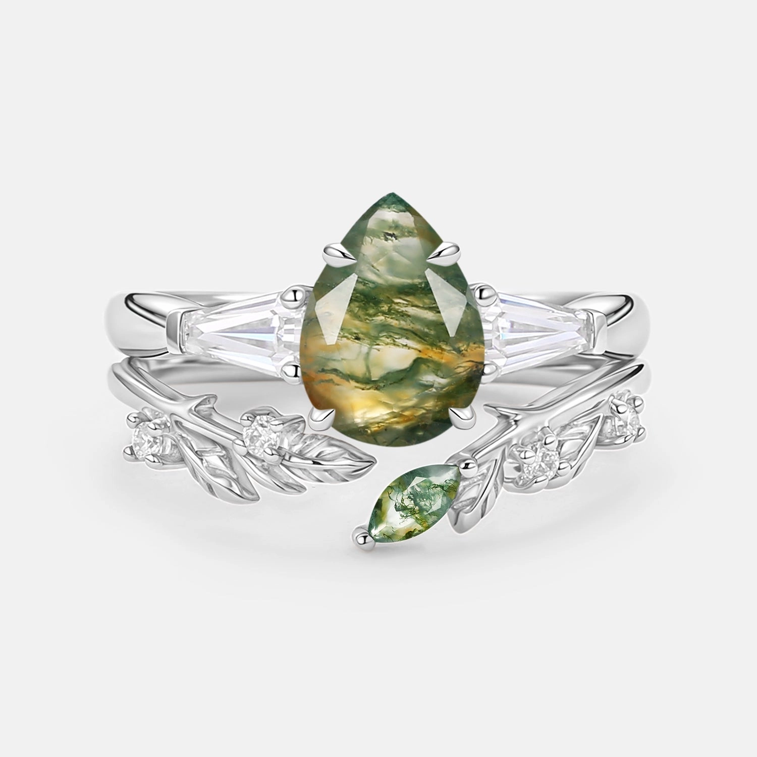 Finest Accent Soft Texture Pear Cut Moss Agate Engagement Ring Set 2pcs - Goldie