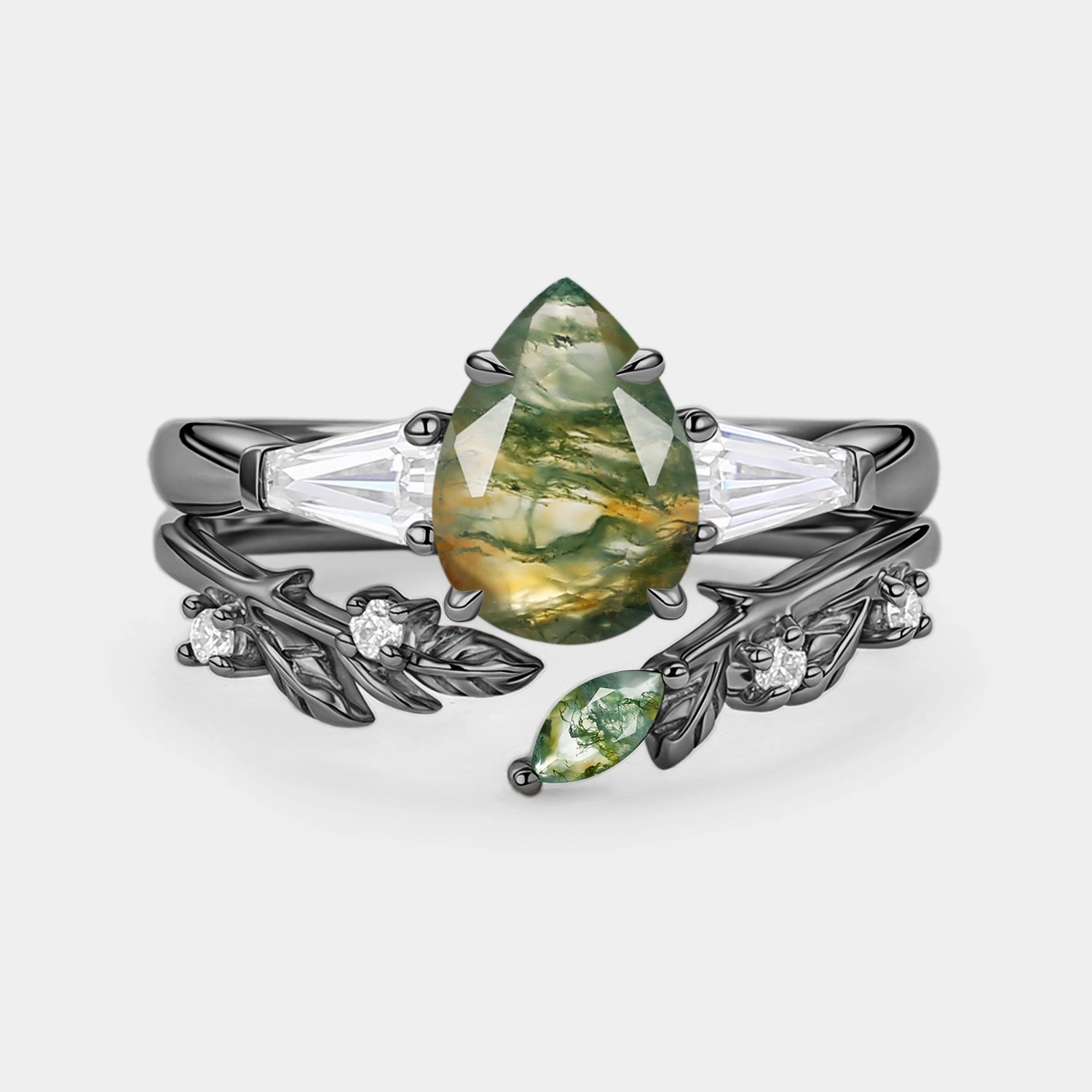 Gift Option Pear Cut Moss Agate Engagement Ring Set 2pcs - Goldie