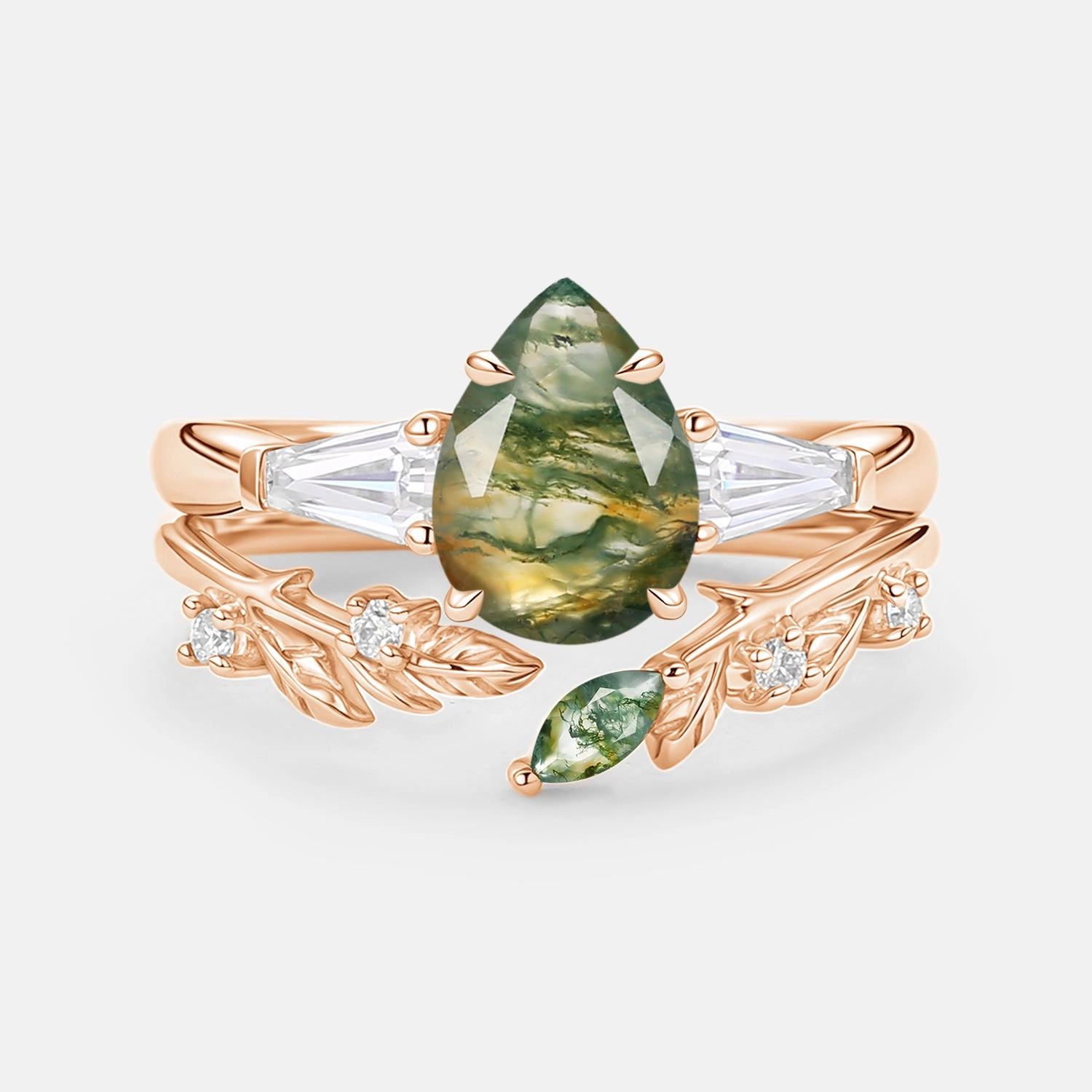 Graceful Feature Pear Cut Moss Agate Engagement Ring Set 2pcs - Goldie