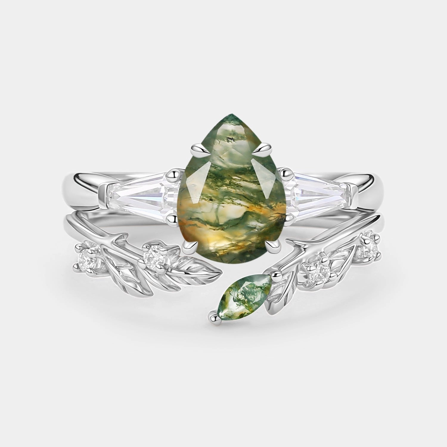 Artisan Style Pear Cut Moss Agate Engagement Ring Set 2pcs - Goldie