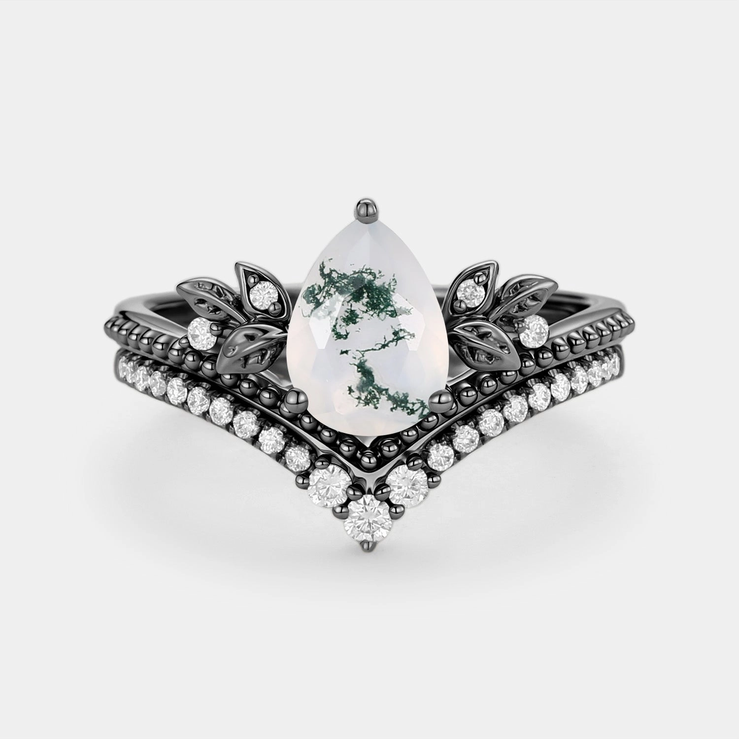 Pear Cut Moss Agate Leafy Ring Set 2pcs - Aureolin Romantic Occasion Polished Highlight