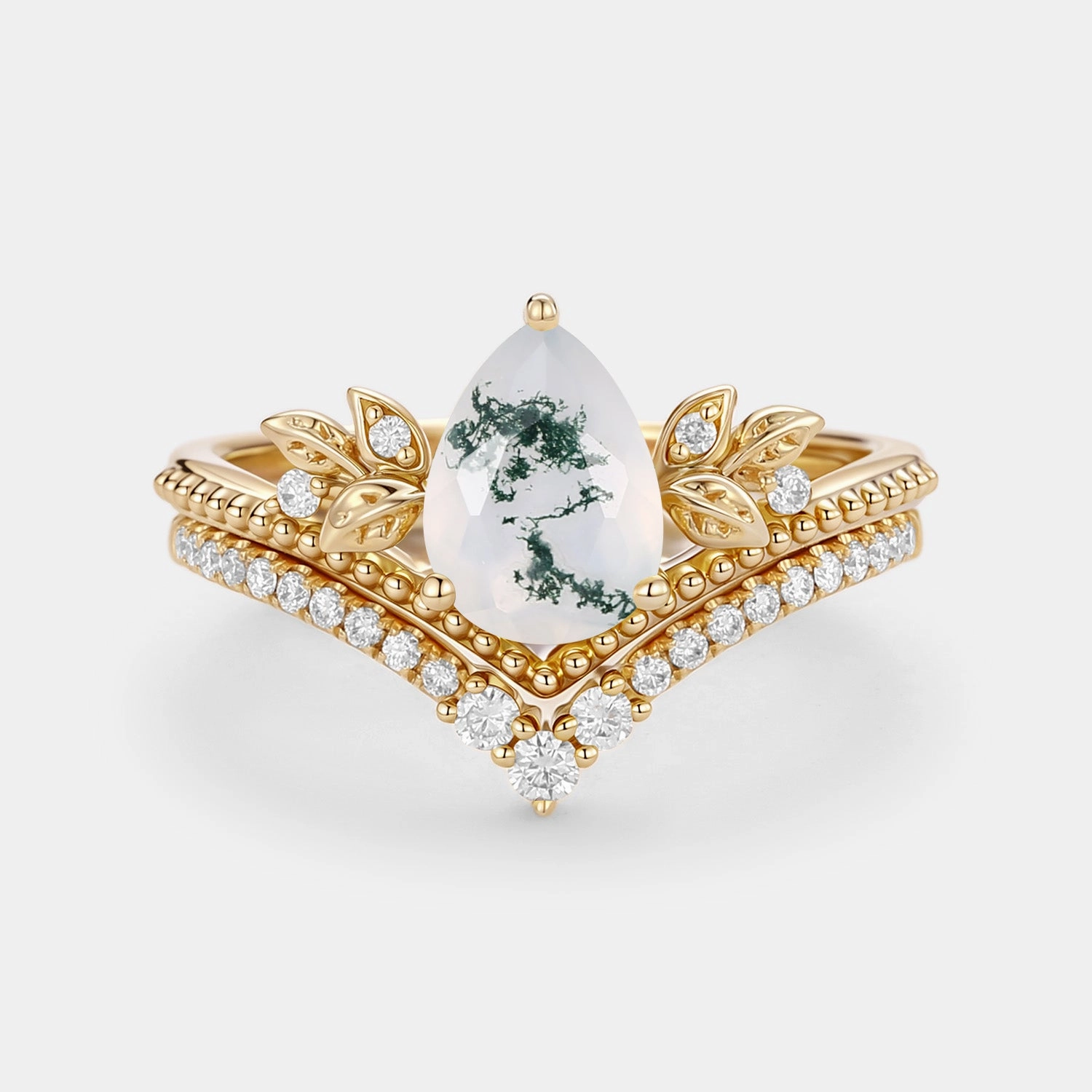 Luxury Spark Bold Combo Pear Cut Moss Agate Leafy Ring Set 2pcs - Aureolin