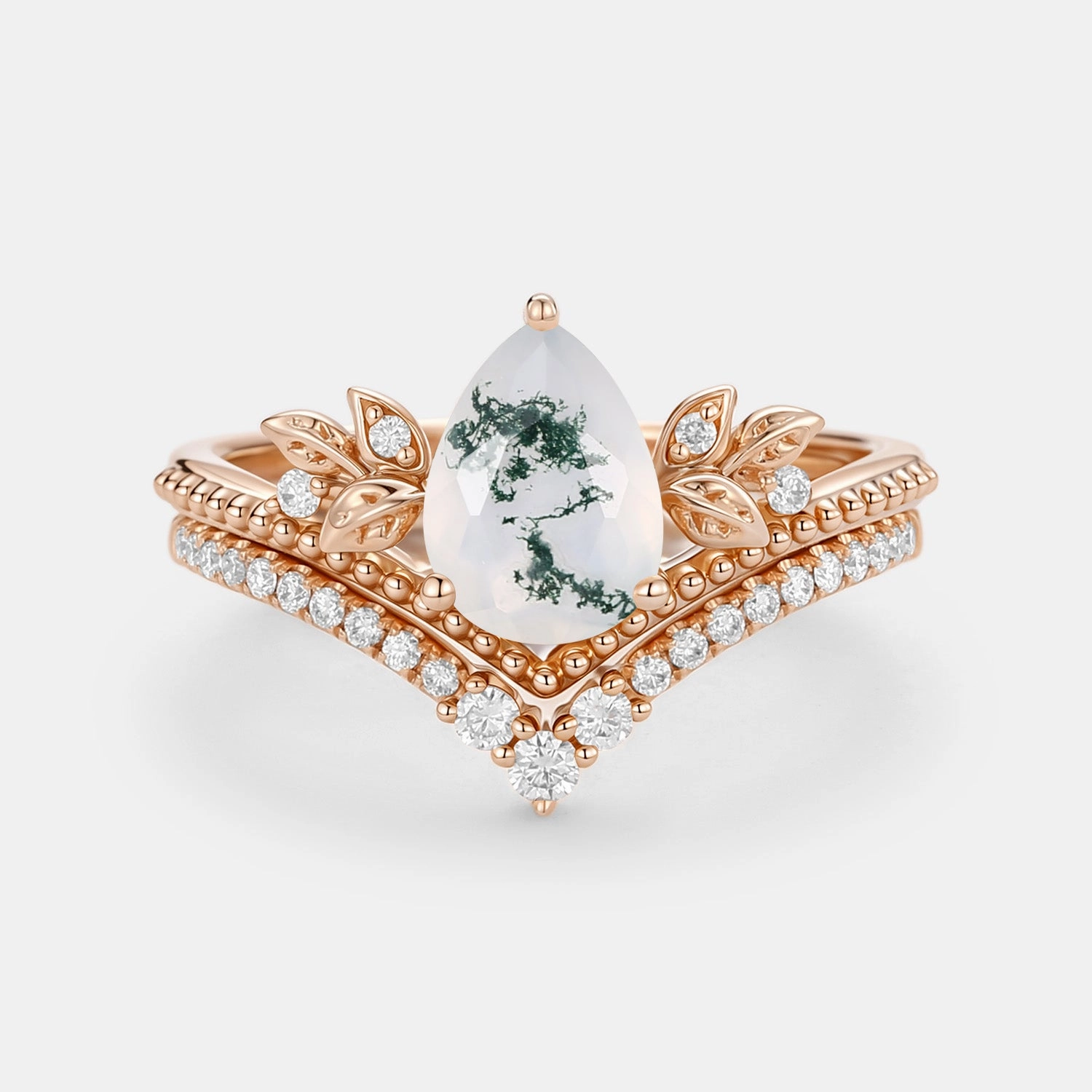 Pear Cut Moss Agate Leafy Ring Set 2pcs - Aureolin Luxe Essentials