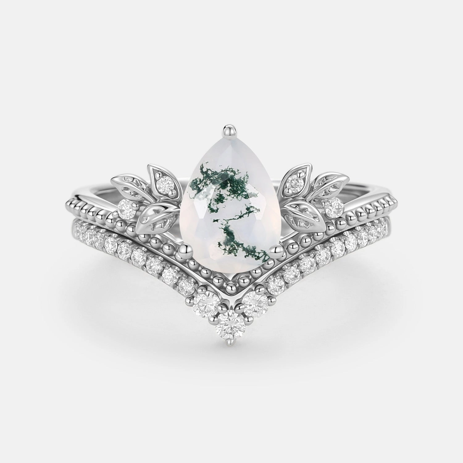 Cute Accent Pear Cut Moss Agate Leafy Ring Set 2pcs - Aureolin