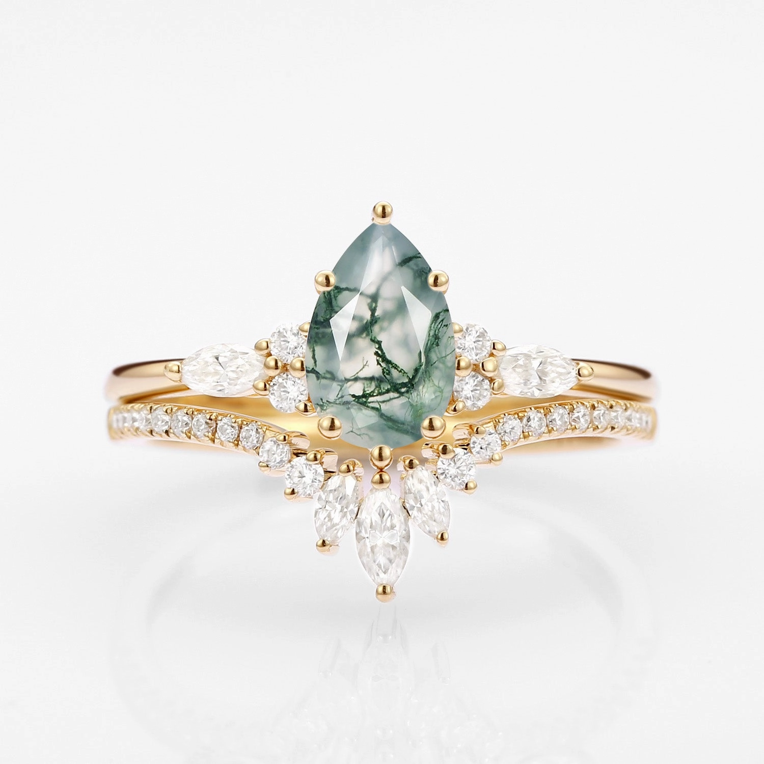 Timeless Pieces Pear Cut Moss Agate Three Stone Engagement Ring Set 2pcs - Rebecca