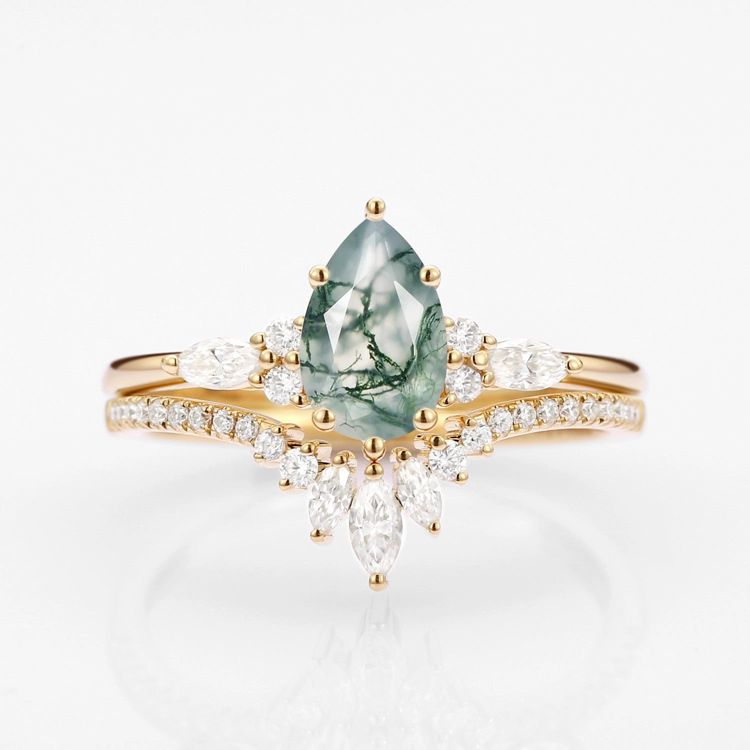 Timeless Craftwork Opulent Accent Pear Cut Moss Agate Three Stone Engagement Ring Set 2pcs - Rebecca