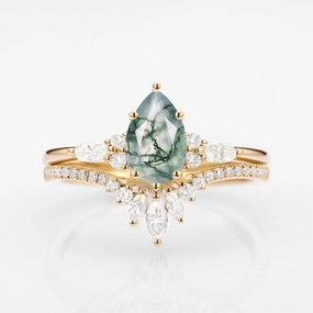 Timeless Pieces Pear Cut Moss Agate Three Stone Engagement Ring Set 2pcs - Rebecca