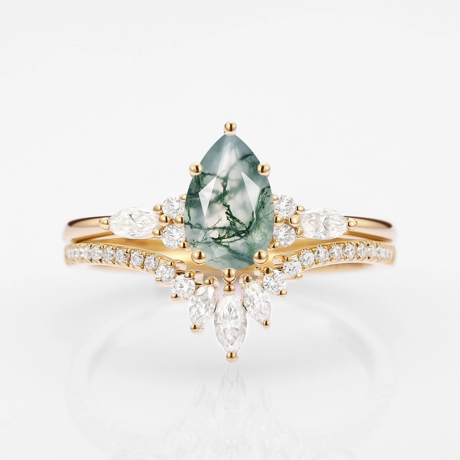 Chic Flash Sculpted Shape Pear Cut Moss Agate Three Stone Engagement Ring Set 2pcs - Rebecca