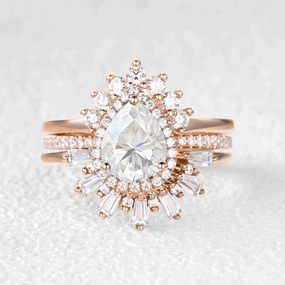 Graceful Beauty Pear Moissanite Halo Baguette Engagement Ring Sets 3pcs