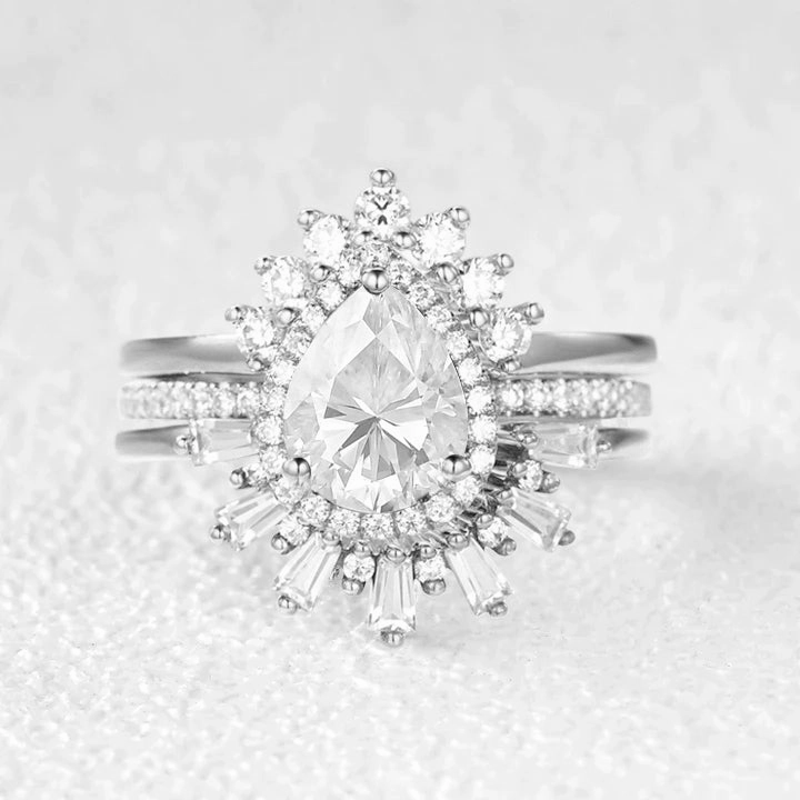 Opulent Detail Soft Shadow Pear Moissanite Halo Baguette Engagement Ring Sets 3pcs
