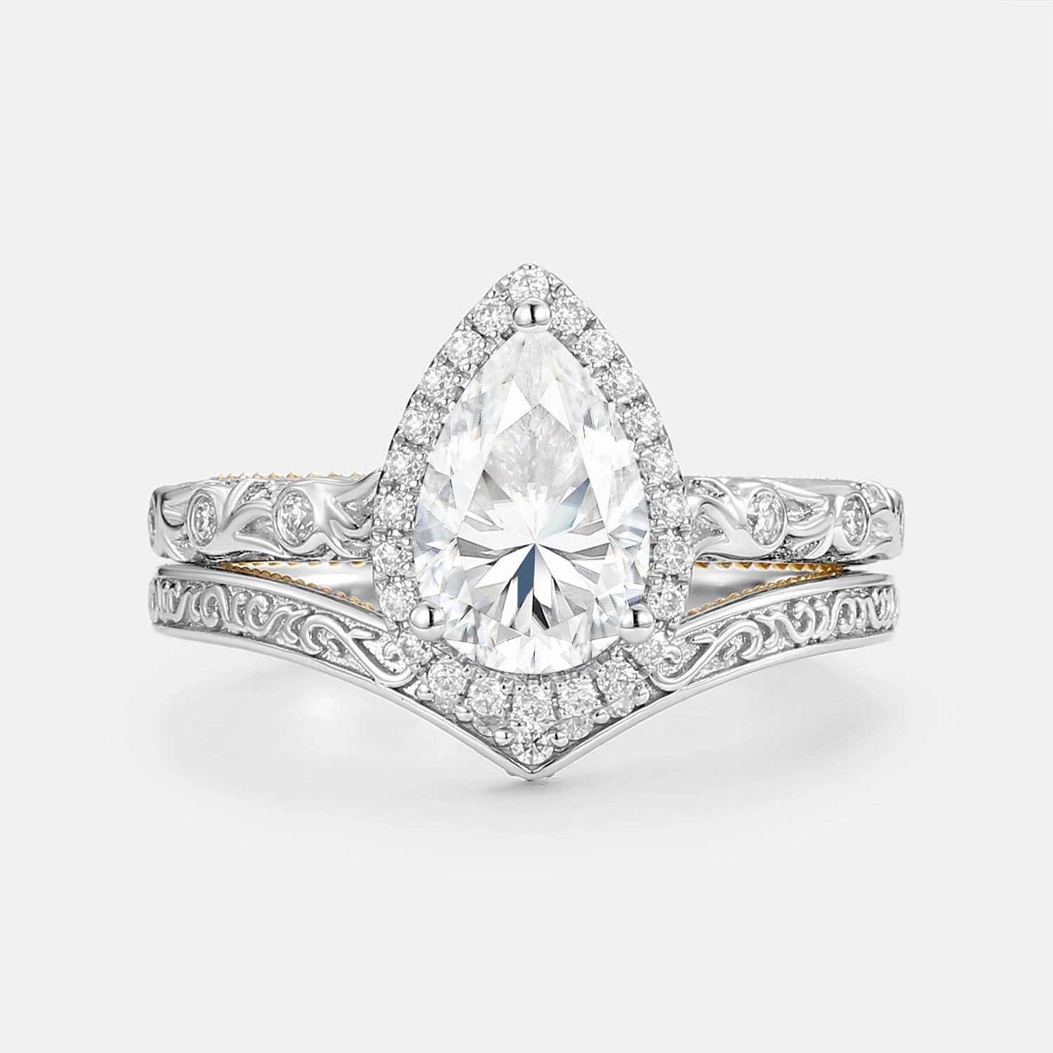 Pear Moissanite Hand Engraved Halo Engagement Ring Set 2pcs - Lavinia Charming Accent Signature Style