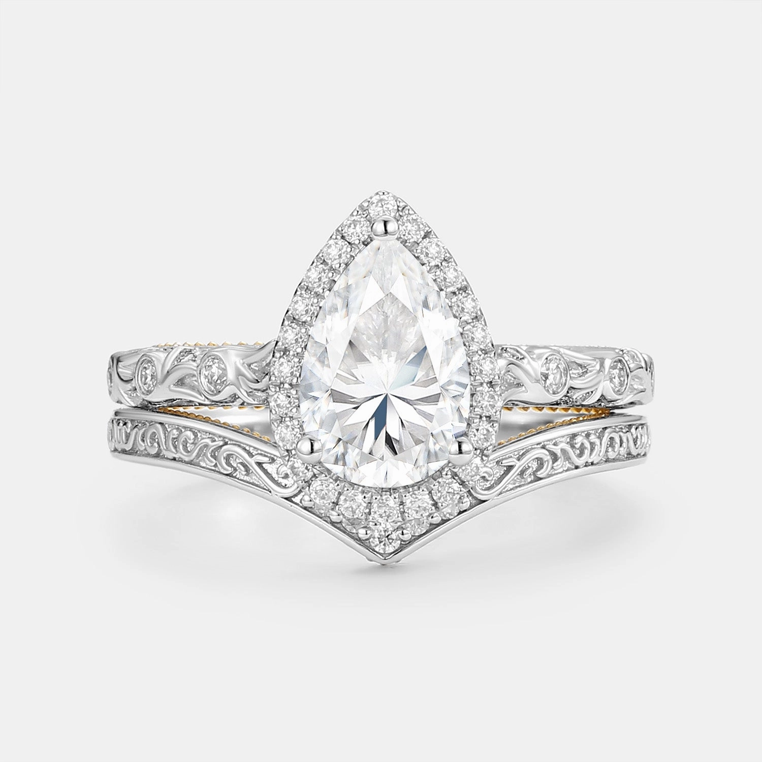 Unique Creation Retro Vibe Pear Moissanite Hand Engraved Halo Engagement Ring Set 2pcs - Lavinia
