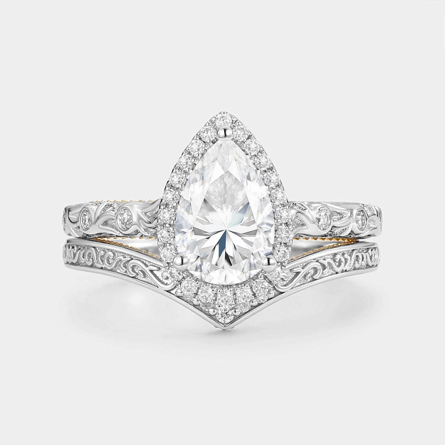 Light Feature Neutral Tone Pear Moissanite Hand Engraved Halo Engagement Ring Set 2pcs - Lavinia