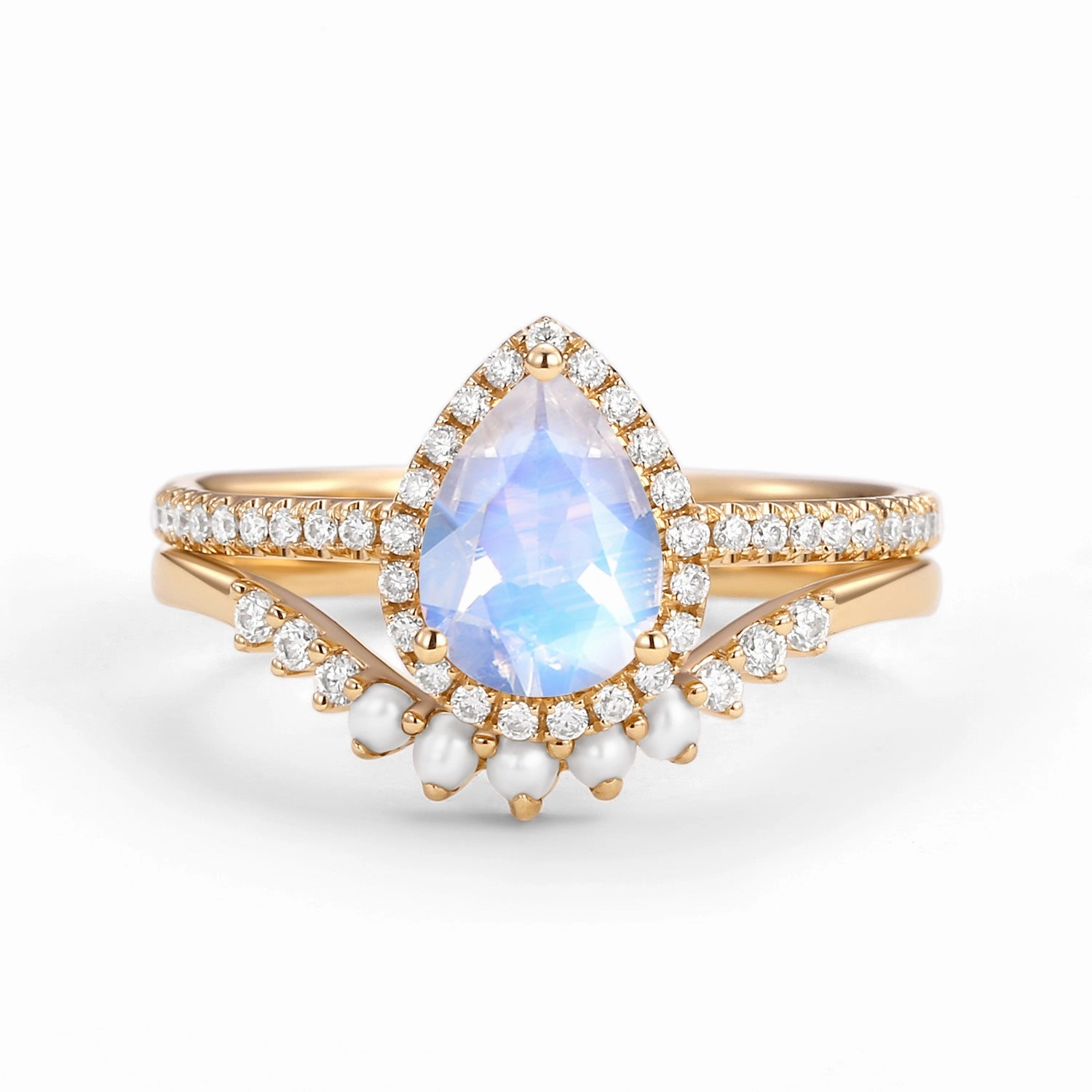 Pear Moonstone Pearl-fect Classic Halo Ring Set 2pcs Timeless Radiance