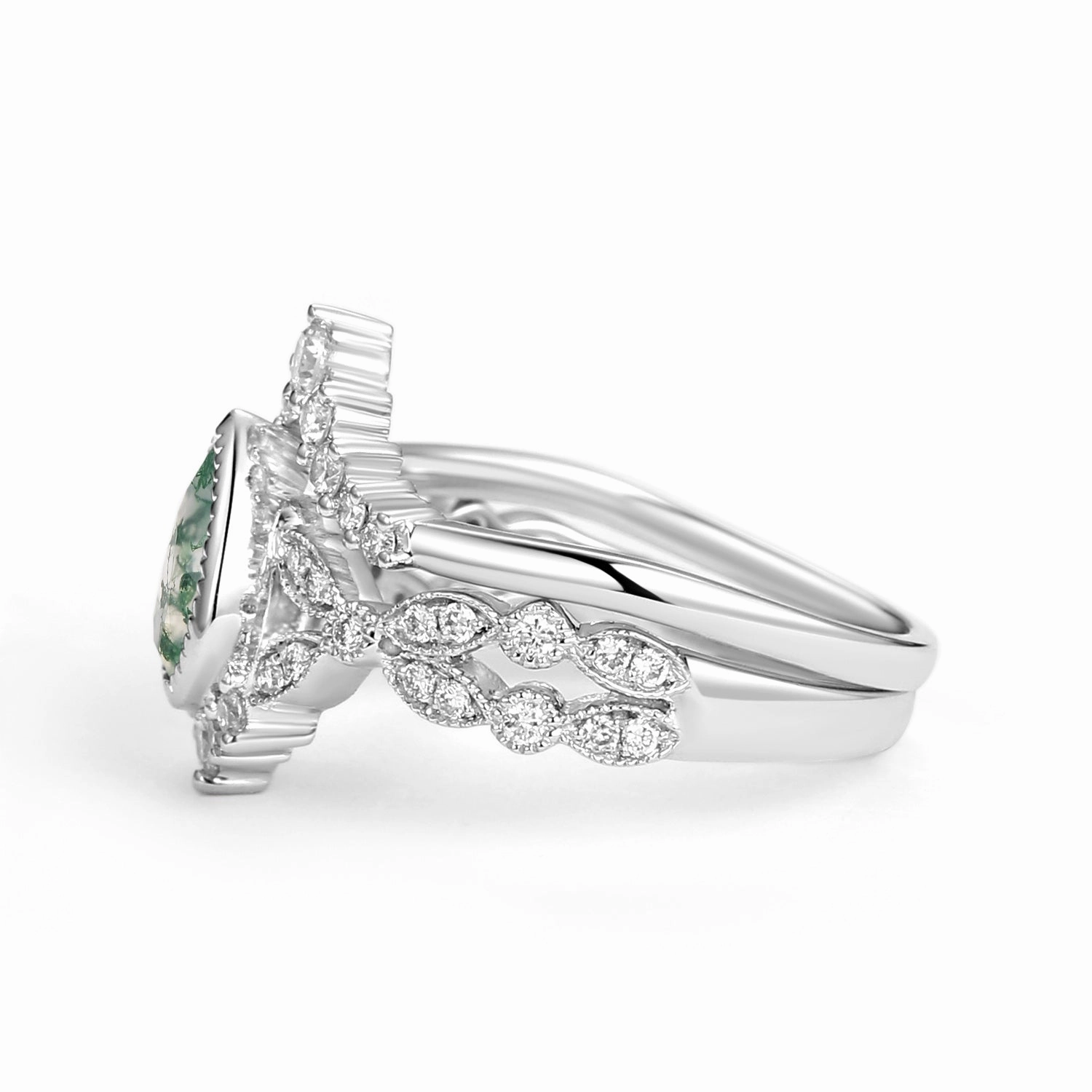 Graceful Piece Classic Sparkle Pear Moss Agate Vintage Infinity Ring Set 2pcs - Vivienne