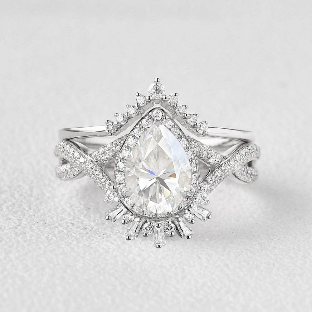 Dazzling Piece Refined Detailing Pear Opal Halo Stacking Engagement Ring Set 2pcs