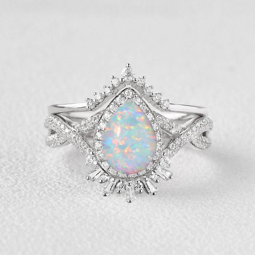 Modern Vibe Pear Opal Halo Stacking Engagement Ring Set 2pcs