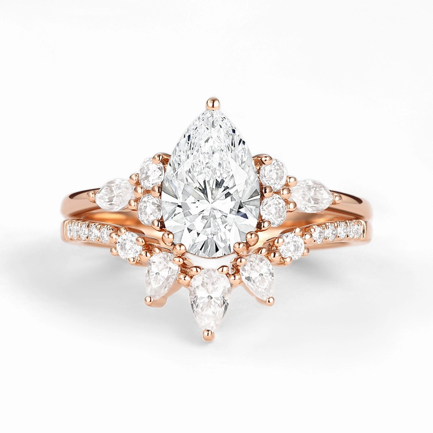 Silver Edge Pear Shaped Lab Grown Diamond Gold Ring Set 2pcs - Sage