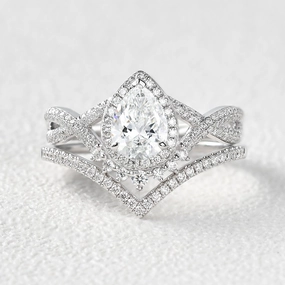 Dusk Style Pear Shaped Moissanite Infinity Gold Ring Set 2pcs