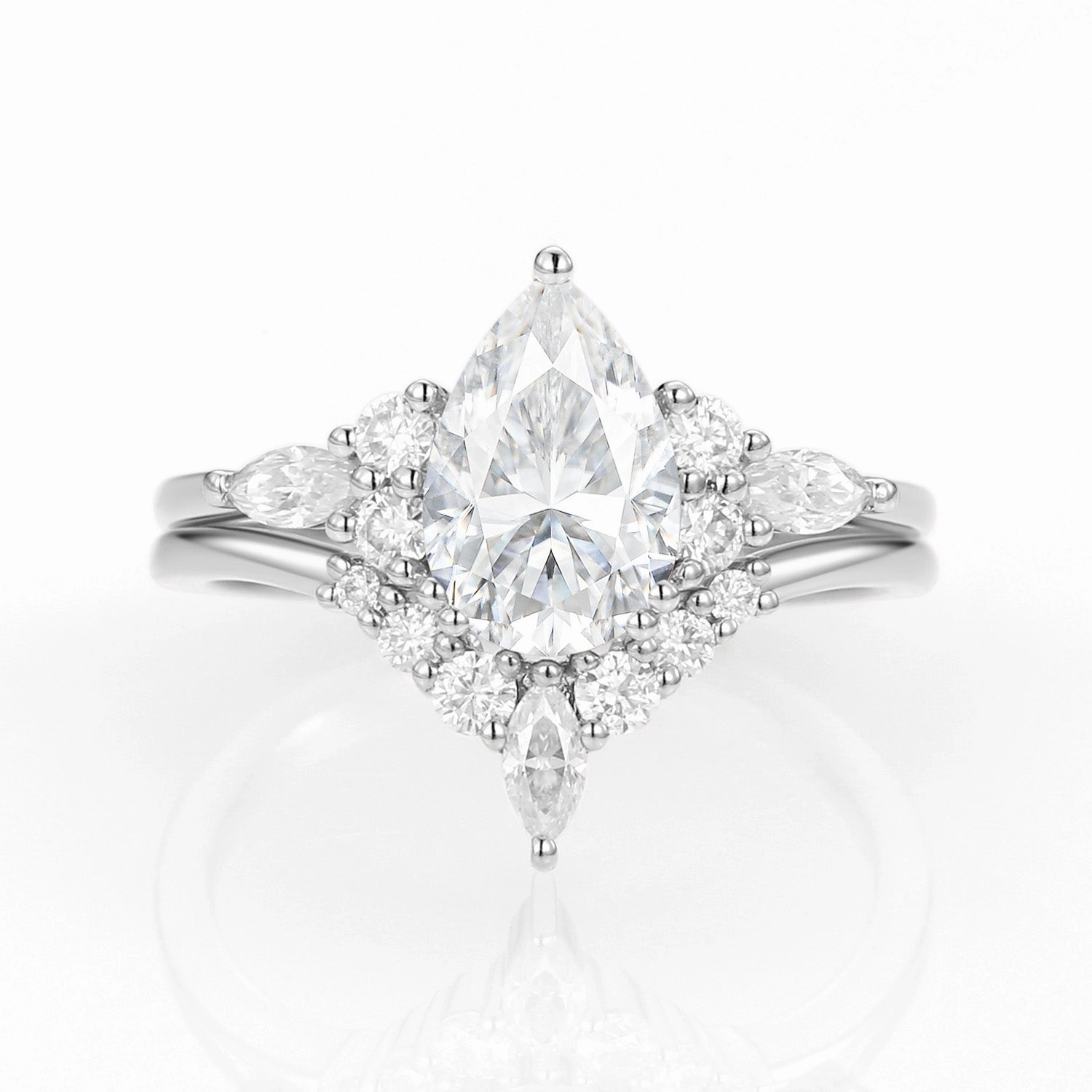 Pear Shaped Moissanite Rose Gold Ring Set 2pcs Layer Friendly Polished Shine