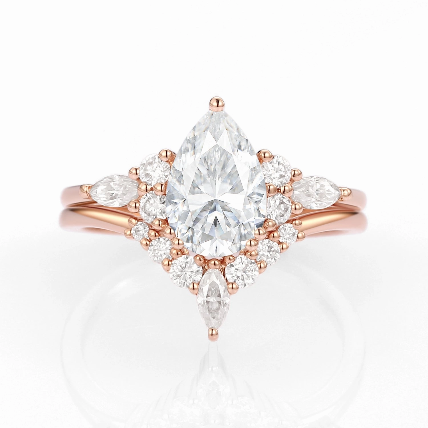 Pear Shaped Moissanite Rose Gold Ring Set 2pcs Refined Jewelry Luxury Layer