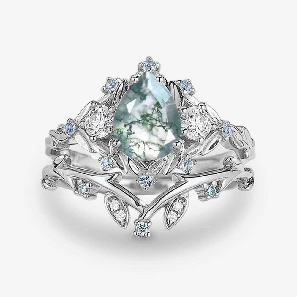 Pear Shaped Moss Agate & Blue Topaz Leafy Ring Set 2pcs Quiet Luxury Dressy Mood