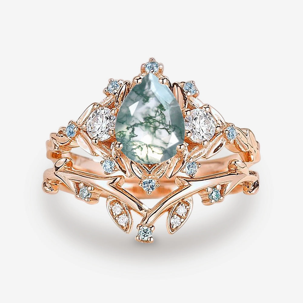 Pear Shaped Moss Agate & Blue Topaz Leafy Ring Set 2pcs Seasonal Light Refined Edge