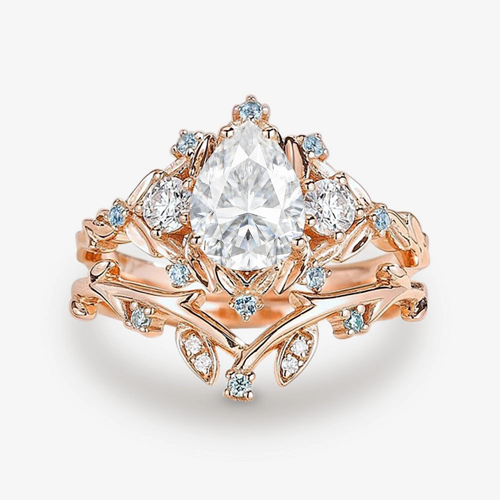 Pear Shaped Moss Agate & Blue Topaz Leafy Ring Set 2pcs Shiny Creations