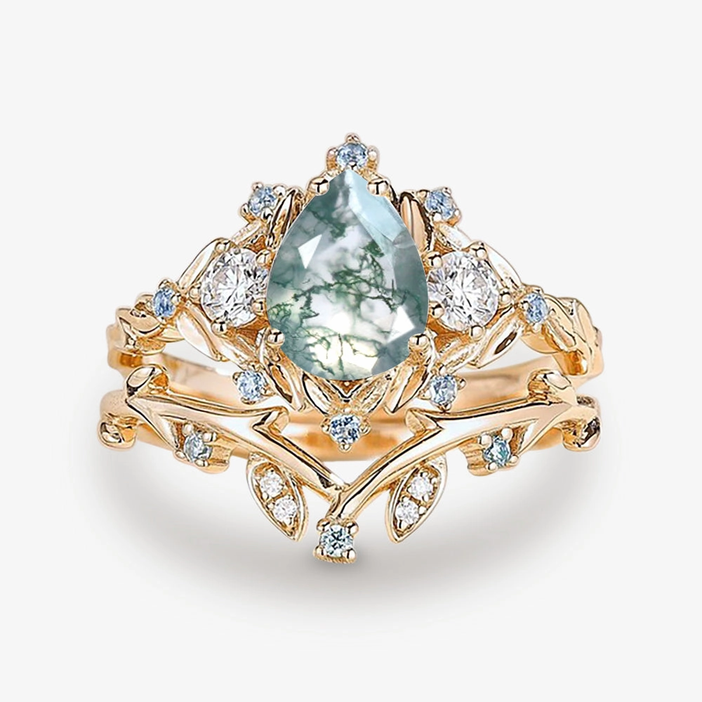 Pear Shaped Moss Agate & Blue Topaz Leafy Ring Set 2pcs Sophisticated Sparkle