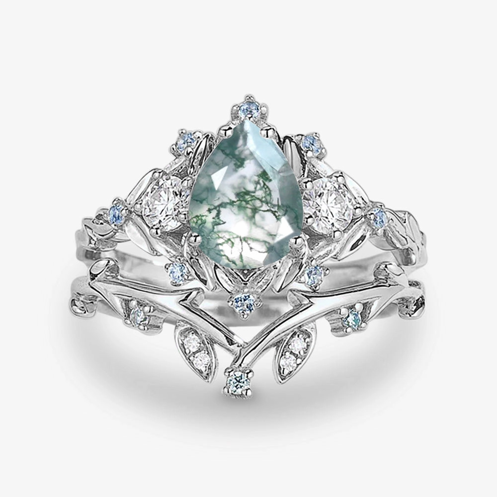 Pear Shaped Moss Agate & Blue Topaz Leafy Ring Set 2pcs Casual Look