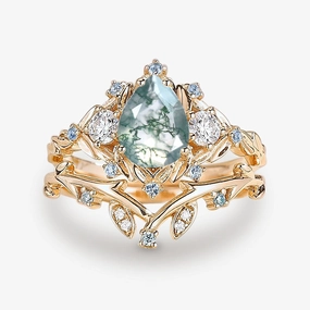 Pear Shaped Moss Agate & Blue Topaz Leafy Ring Set 2pcs Sophisticated Sparkle