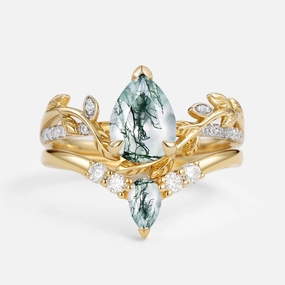 Pear Shaped Moss Agate & Moissanite Leafy Bridal Ring Set 2pcs Expressive Accent Feminine Touch