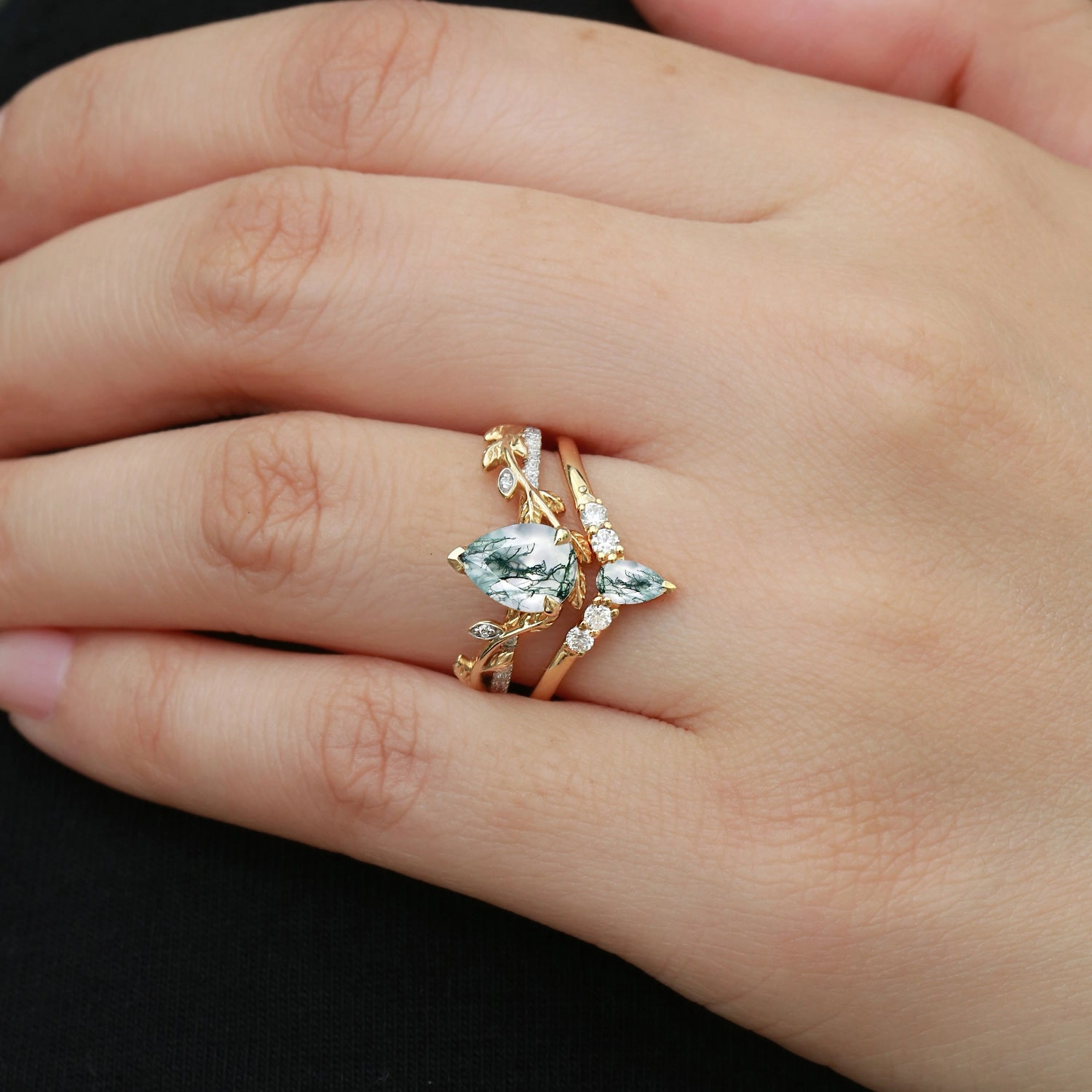 Sparkle Focus Clean Accent Pear Shaped Moss Agate & Moissanite Leafy Bridal Ring Set 2pcs