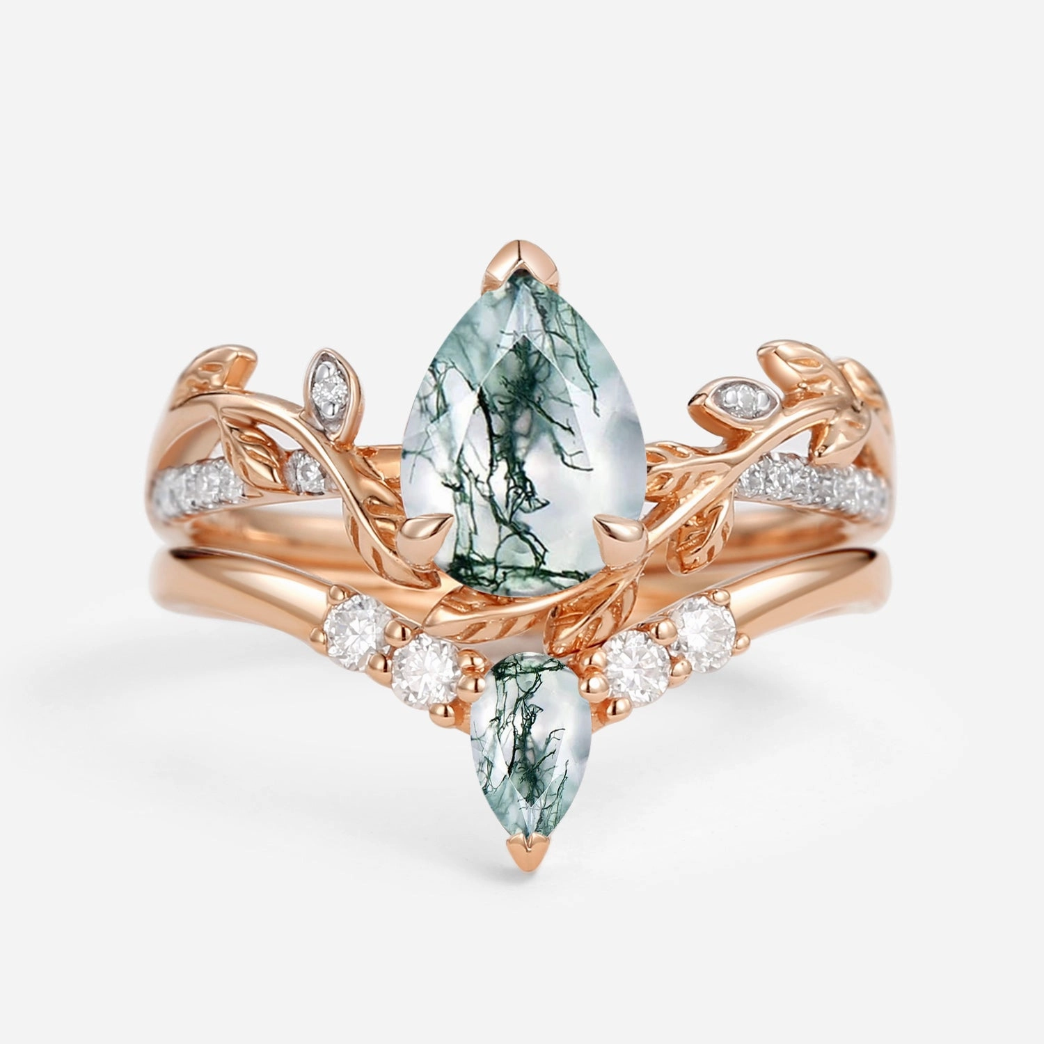 Pear Shaped Moss Agate & Moissanite Leafy Bridal Ring Set 2pcs Alluring Shine