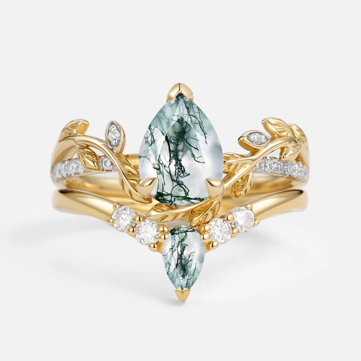 Pear Shaped Moss Agate & Moissanite Leafy Bridal Ring Set 2pcs Expressive Accent Feminine Touch