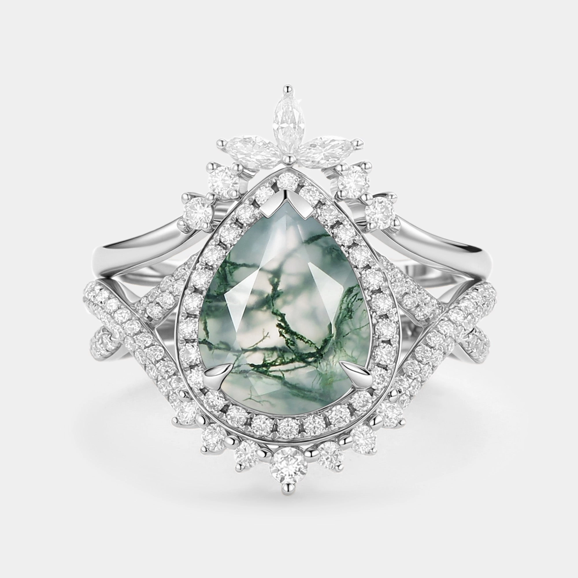Formal Detail Pear Shaped Moss Agate Antique Halo Infinity Ring Sets 2pcs - Everlyn
