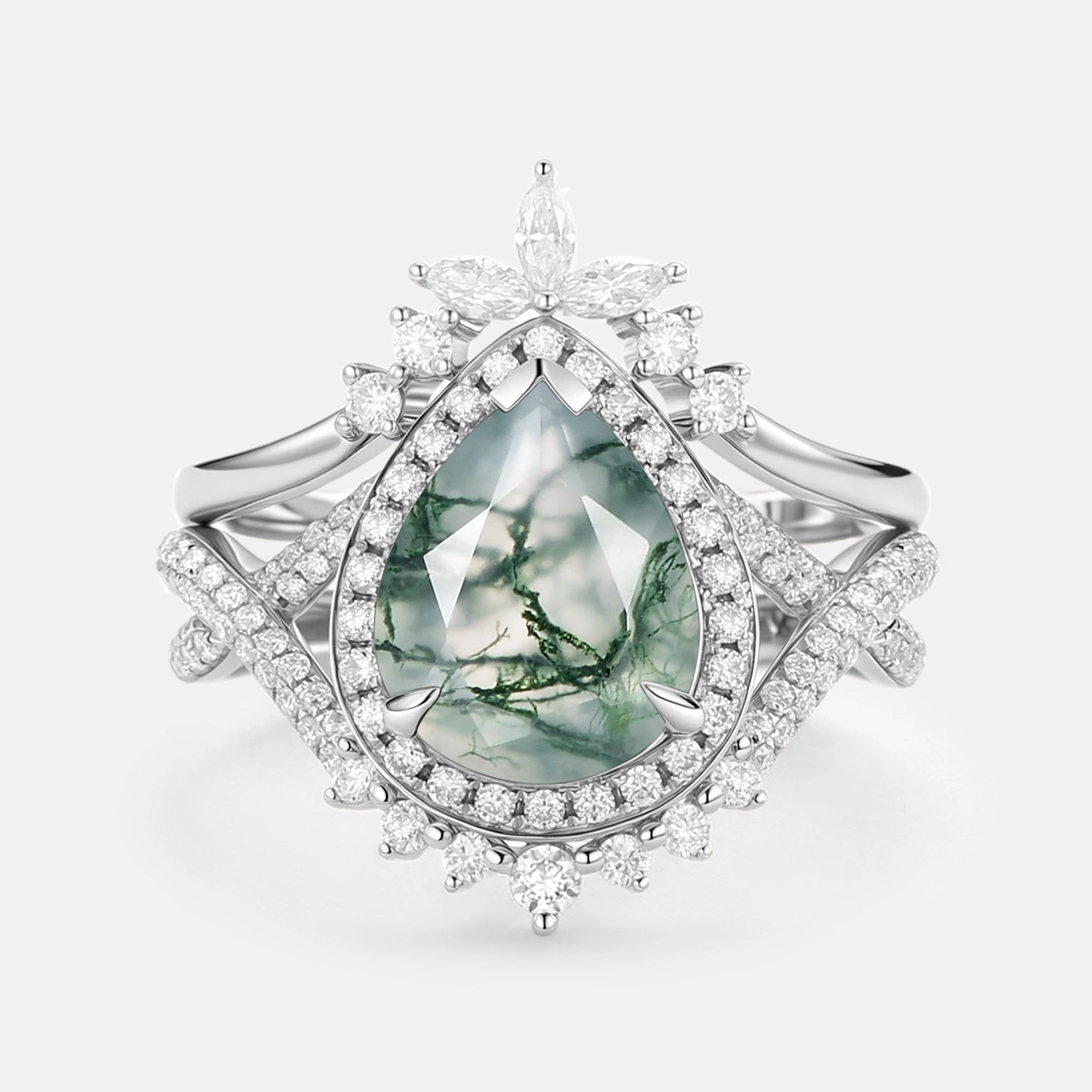 Classic Mood Contemporary Feature Pear Shaped Moss Agate Antique Halo Infinity Ring Sets 2pcs - Everlyn