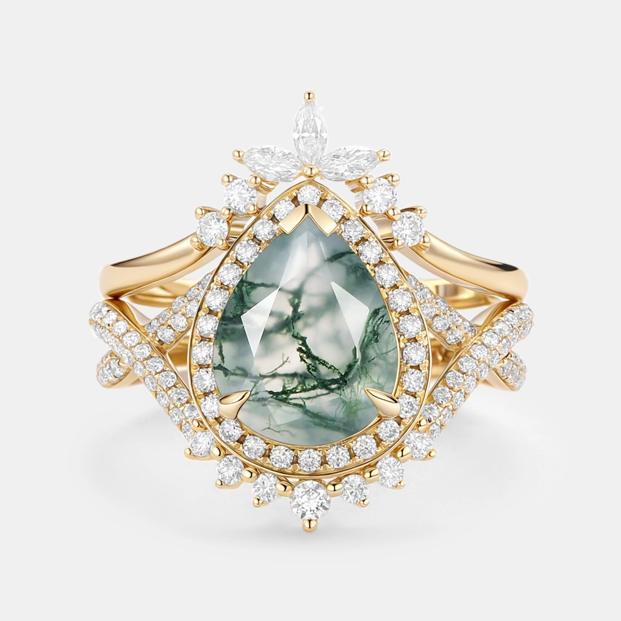 Pear Shaped Moss Agate Antique Halo Infinity Ring Sets 2pcs - Everlyn Glow Finish Silky texture