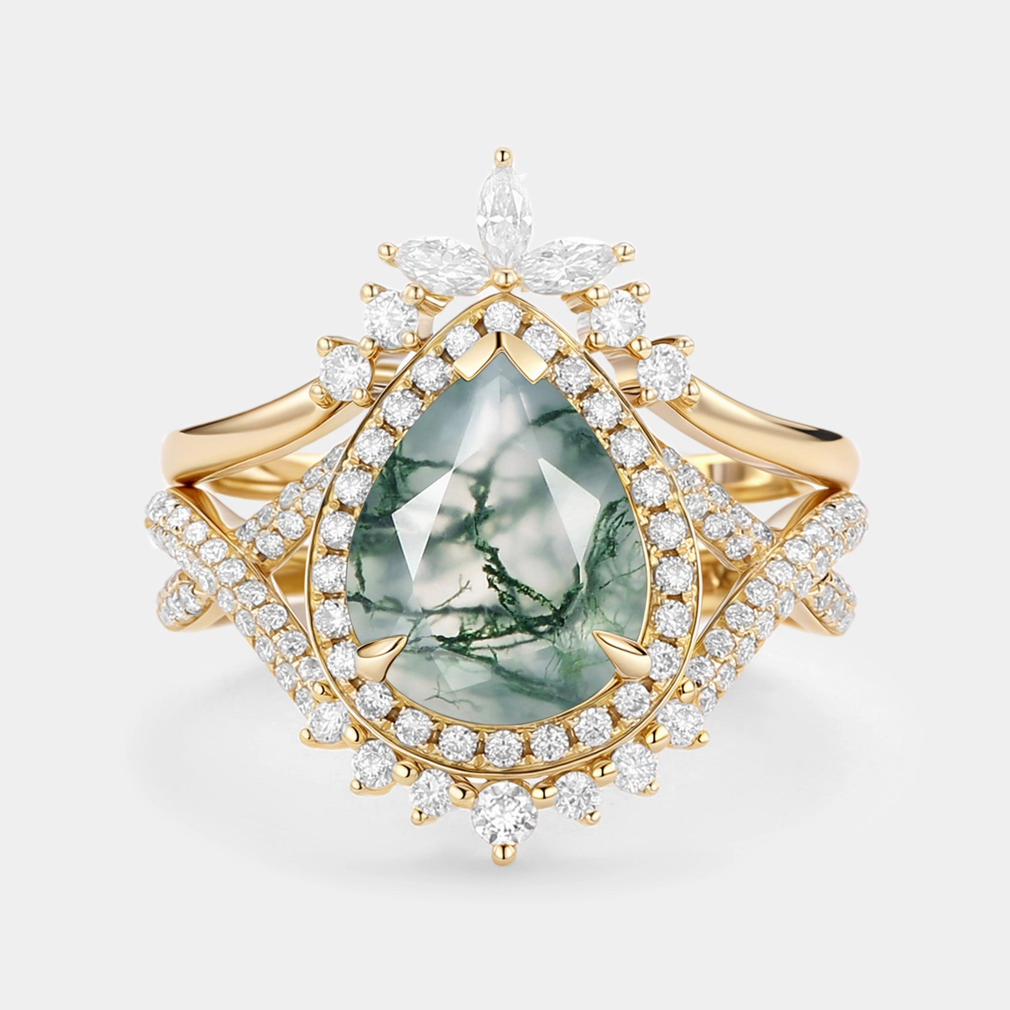 Bright Detail Vogue Style Pear Shaped Moss Agate Antique Halo Infinity Ring Sets 2pcs - Everlyn